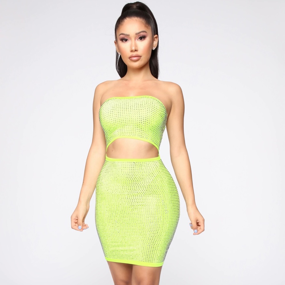 NWOT Rhinestone Tube Dress - Neon Yellow